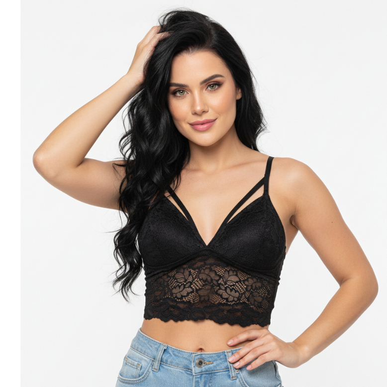 Cropped Top De Renda Feminino Tiras Dupla Alça Regulável Com Bojo