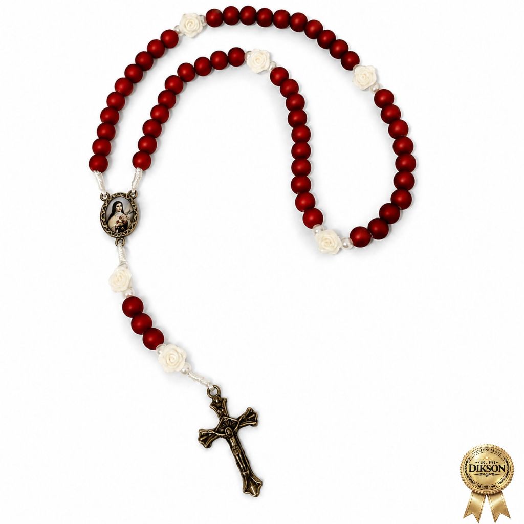 Terço Católico Santa Terezinha Vermelho Rosas Pai Nosso Entremeio Metal Com Foto Cruz