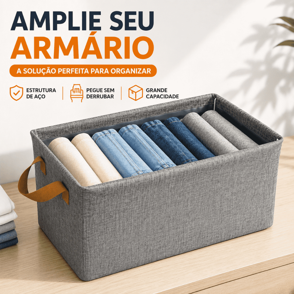 Cesto Organizador Dobrável Grande Capacidade, Tecido Resistente, Cinza, com Estrutura Interna  caixa organizadora