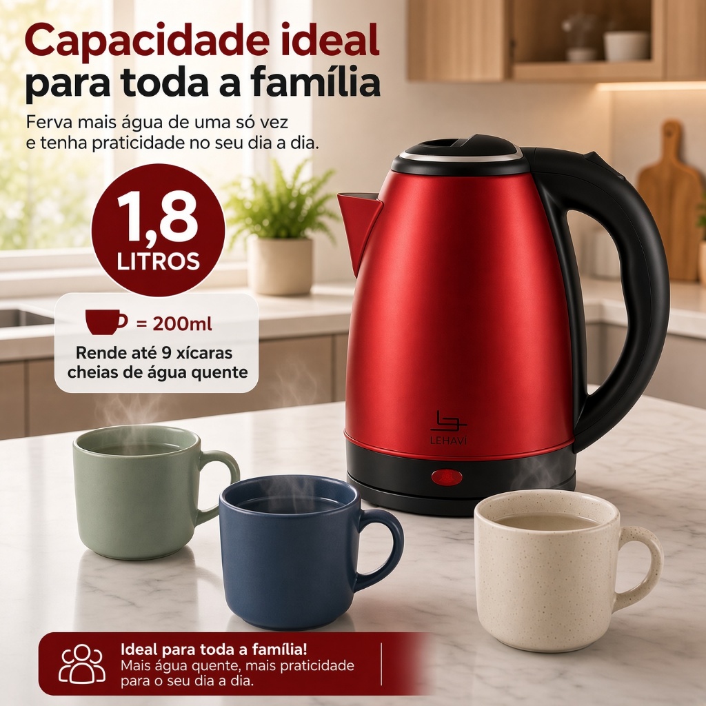 Chaleira Elétrica Inox Vermelha 1,8 Litros 220V Fervedor Água Elétrico Aquecimento Rápido Desligamento Automático