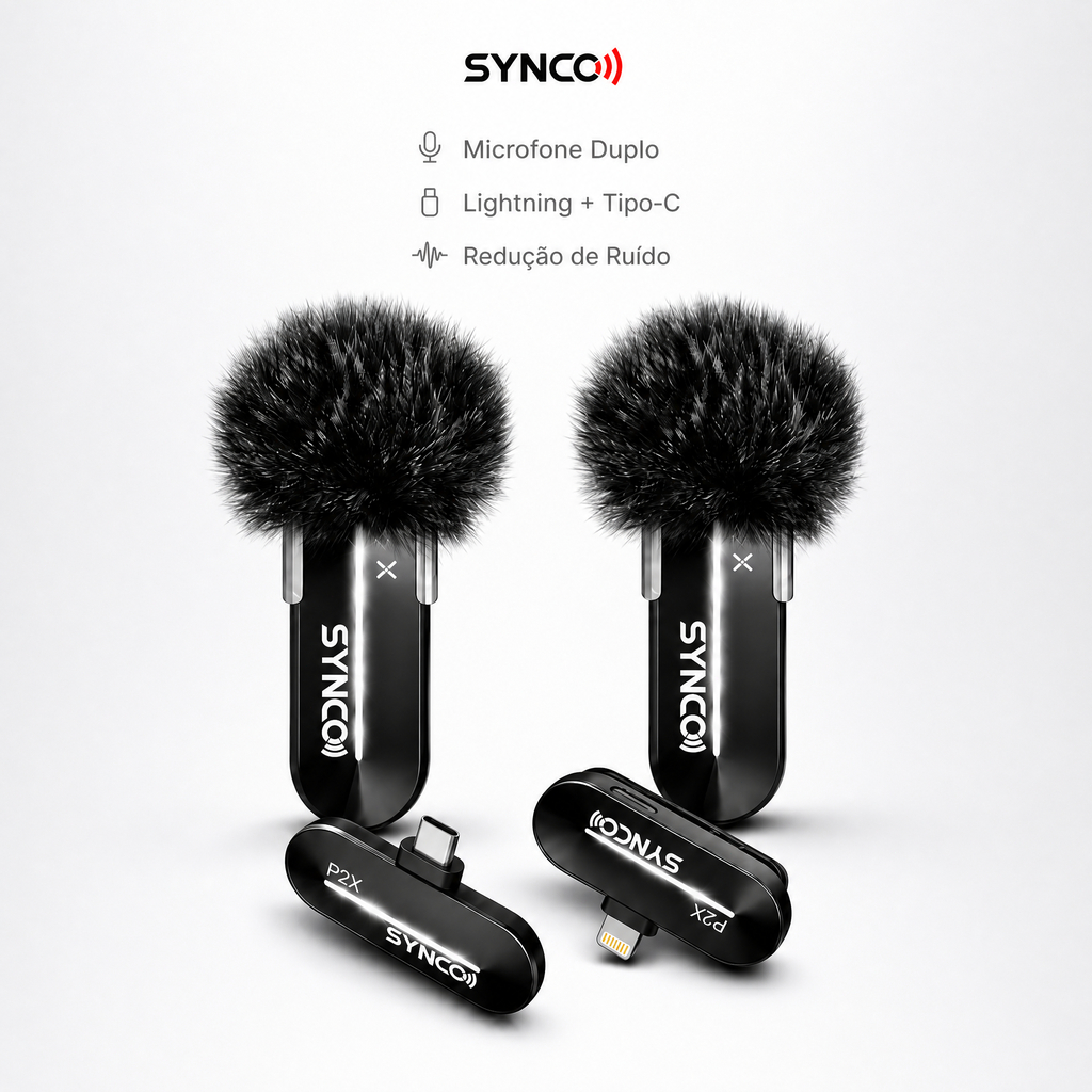 Microfone Lapela Sem Fio Lightning USB C iPhone Android Reducao Ruido TikTok YouTube Vlog Gravacao Celular Synco