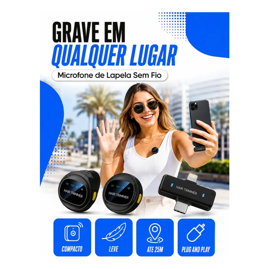 Microfone Sem Fio Lapela Duplo Anti Ruído 2 Transmissores para Celular iPhone Android Podcast Gravação