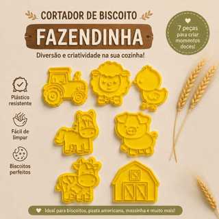 Cortador de Biscoito Fazendinha Kit 7 Peças Animais da Fazenda 3D Biscoito Pasta Americana Massinha Confeitaria, animais