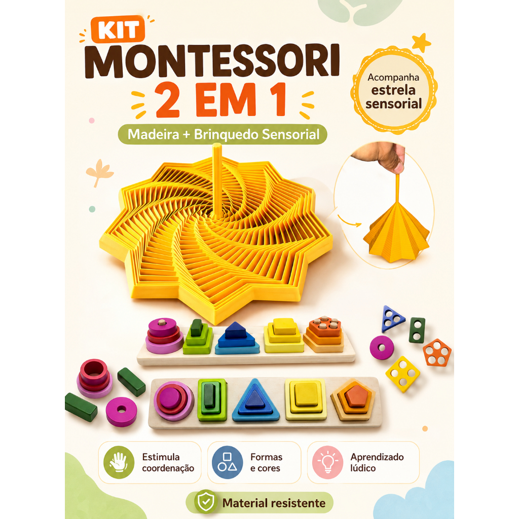 Kit Brinquedo Sensorial Montessoriano Educativo Estrela Formas Geométricas Madeira Coordenação Motora Infantil