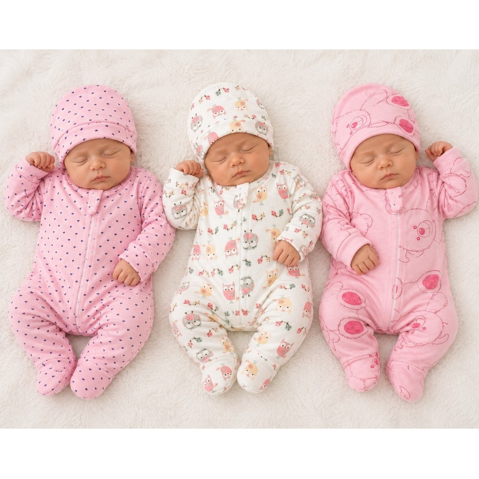 Kit 3 Macacão com Touca Bebe Menina com ziper Soft Inverno Quentinho confortavel dia dia RN