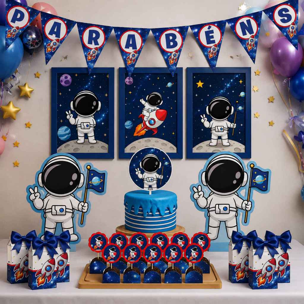 ENVIO RÁPIDO Kit Festa Astronauta Personalizado | Só Bolinho Espaço | 100 Itens Lembrancinha | Aniversário Decoração