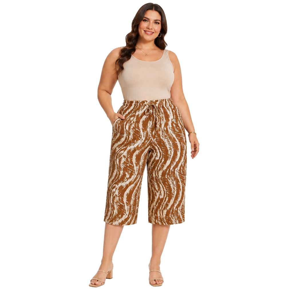 Calça Pantacourt Estampada Feminina Plus Size Cintura Elástica com Bolso