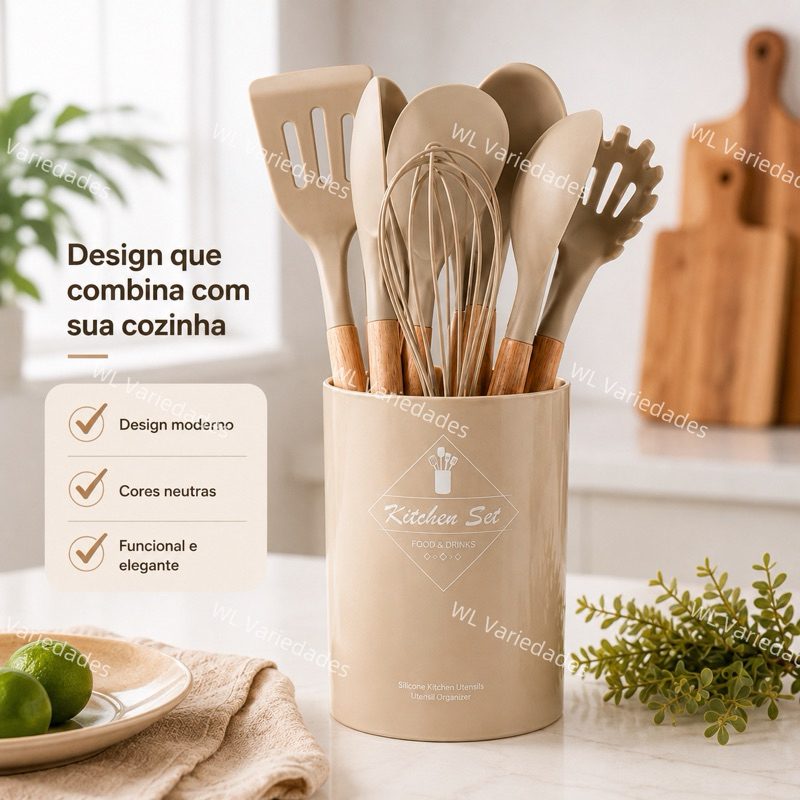 Kit de Utensílios para Cozinha 12 peças Silicone Jogo de Cozinha Cabo de Madeira Livre BPA Antiaderente