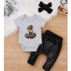 Conjunto Bebê Menina Bailarina Body Algodão Manga Curta Calça Preta com Laço e Faixinha Luxo
