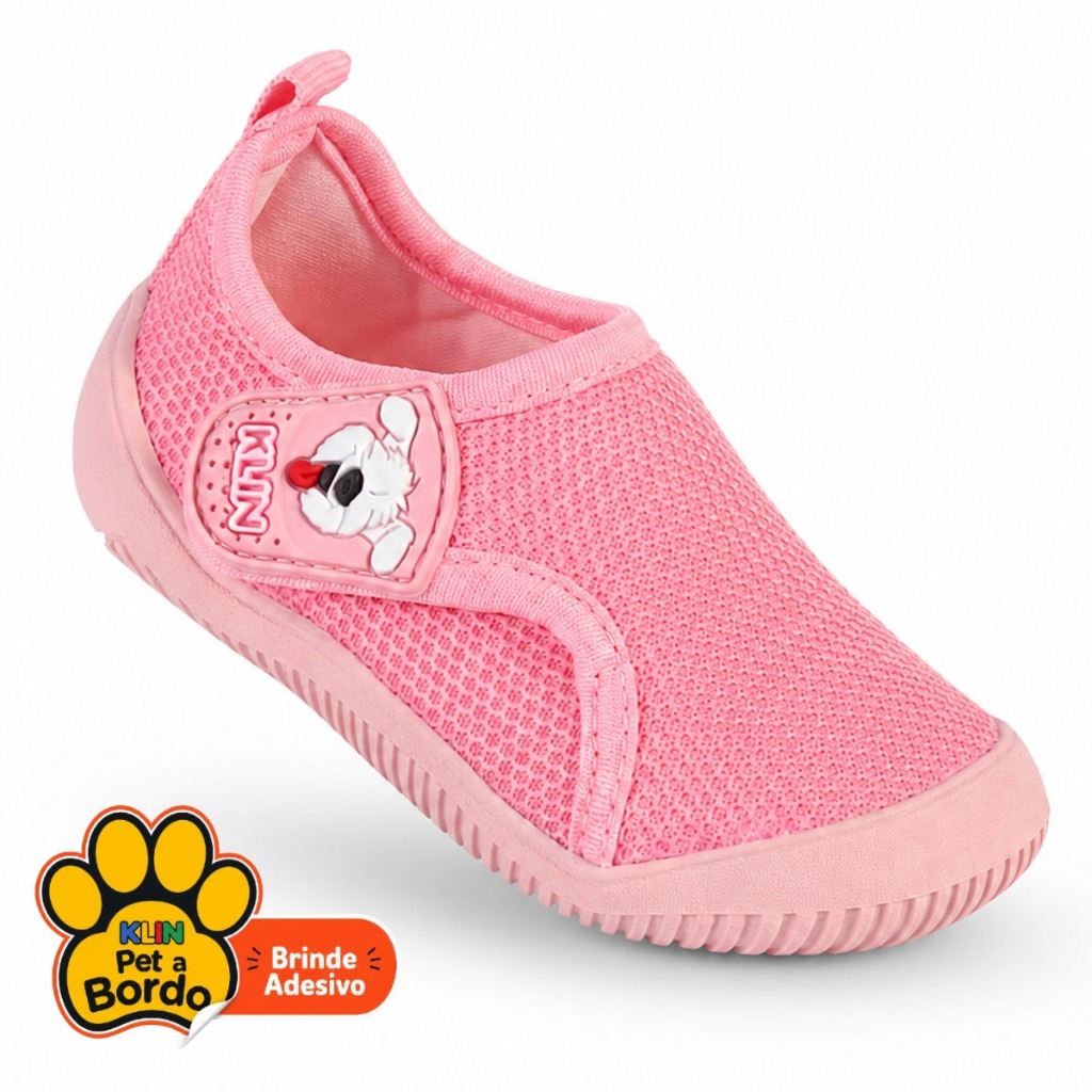 Tênis Sapatilha Infantil Menina Klin Hug Rosa com Calce Fácil Velcro e Detalhe de Cachorrinho