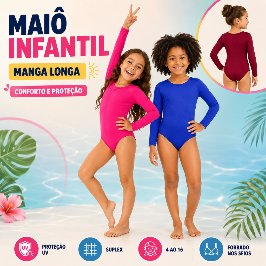 Maiô Infantil Feminino Juvenil Manga Longa Proteção Solar UV50+ Roupa de Praia Banho Natação