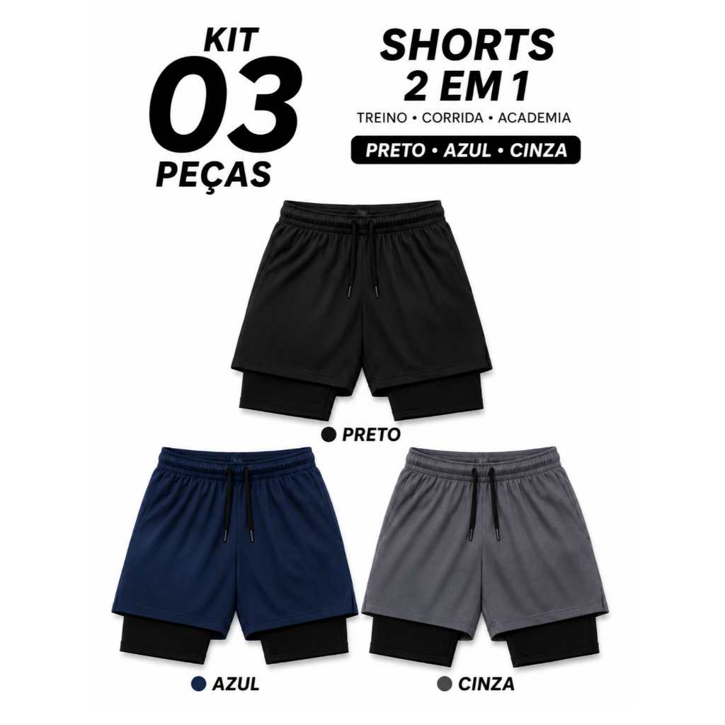 Kit 3 Shorts Masculinos 2 em 1 Dry Fit Compressão Bolso Celular Academia Corrida Treino