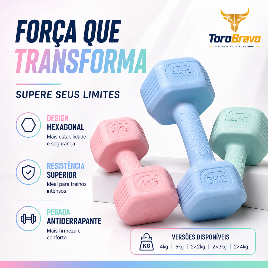 Halteres Hexagonais emborrachados: antiderrapantes, silenciosos e duráveis. Várias cores e pesos.