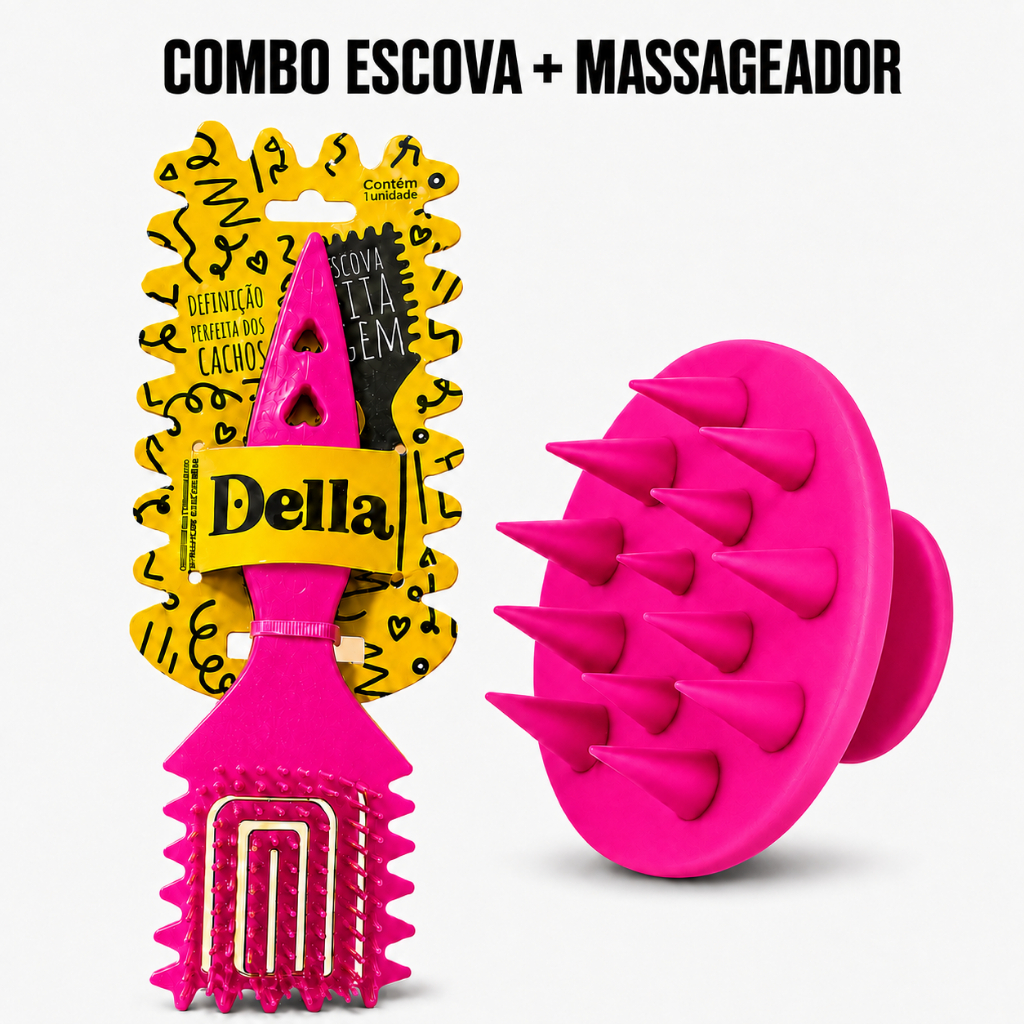 Kit 1 Escova Fitagem Para Cachos + Escova Massageadora Couro Cabeludo Desembaraçadora e Finalizadora
