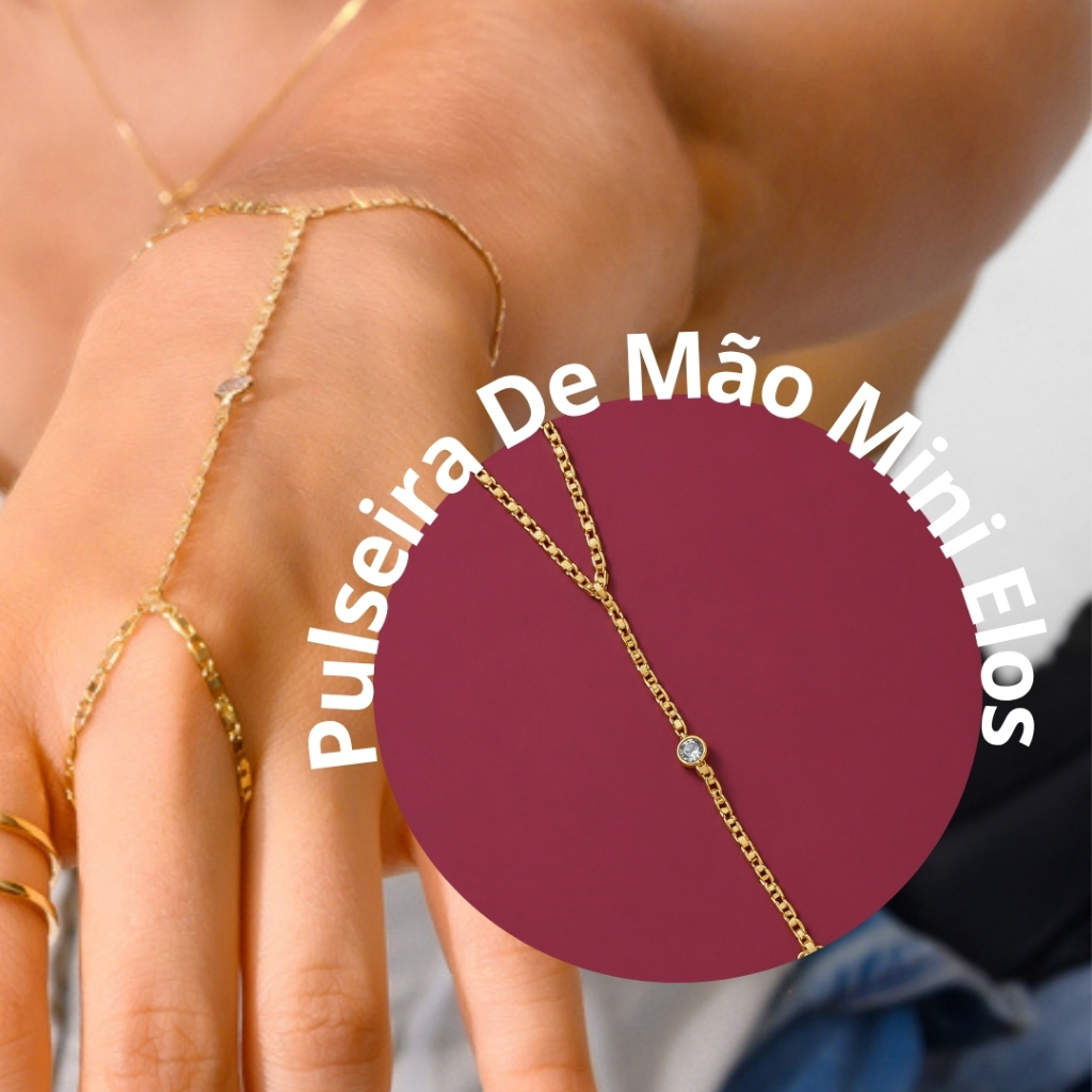 Pulseira de Mão Feminina Hand Chain Mini Elos Banhada a Ouro 18K Semijoia Dourada