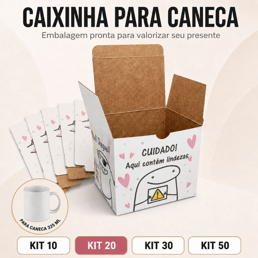 Caixinha para Caneca de Porcelana Flork 325ml Personalizada Kit 10 20 50 100 Embalagem Caixa de Presentes