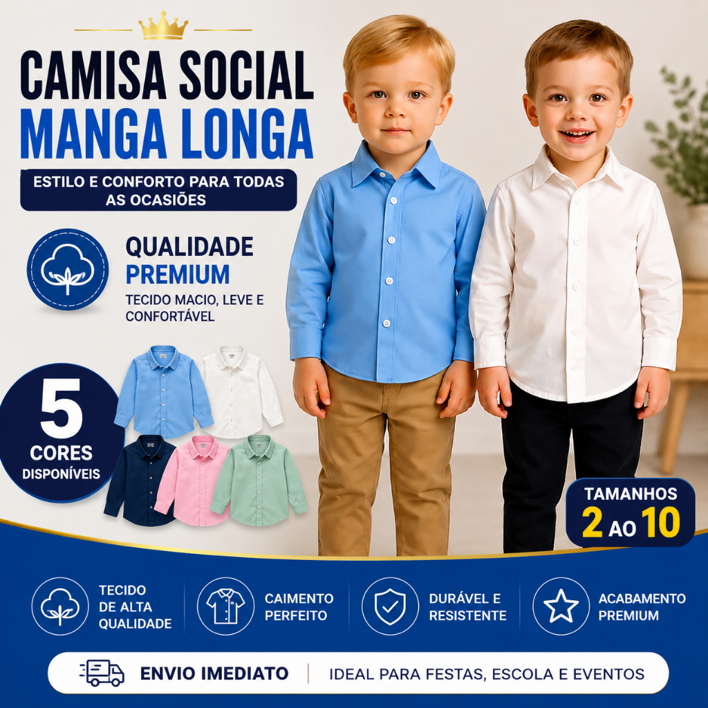 Camisa Infantil Social Manga Longa para Menino – Festa Escola Evento Tamanho 2 ao 10 - Envio Imediato !!