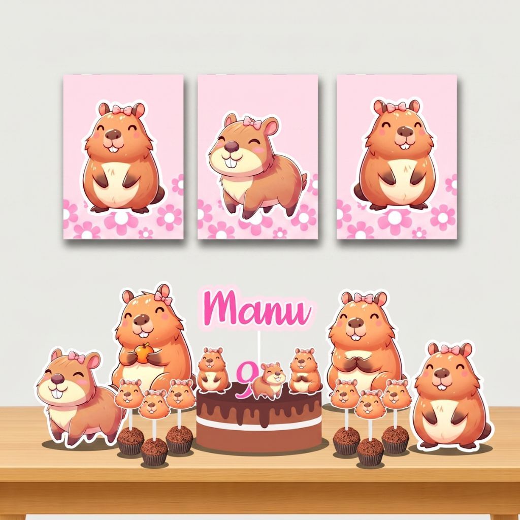 Kit Festa Só um Bolinho Capivara Menina Personalizado | Aniversário Infantil | Mesversário | Envio Rápido