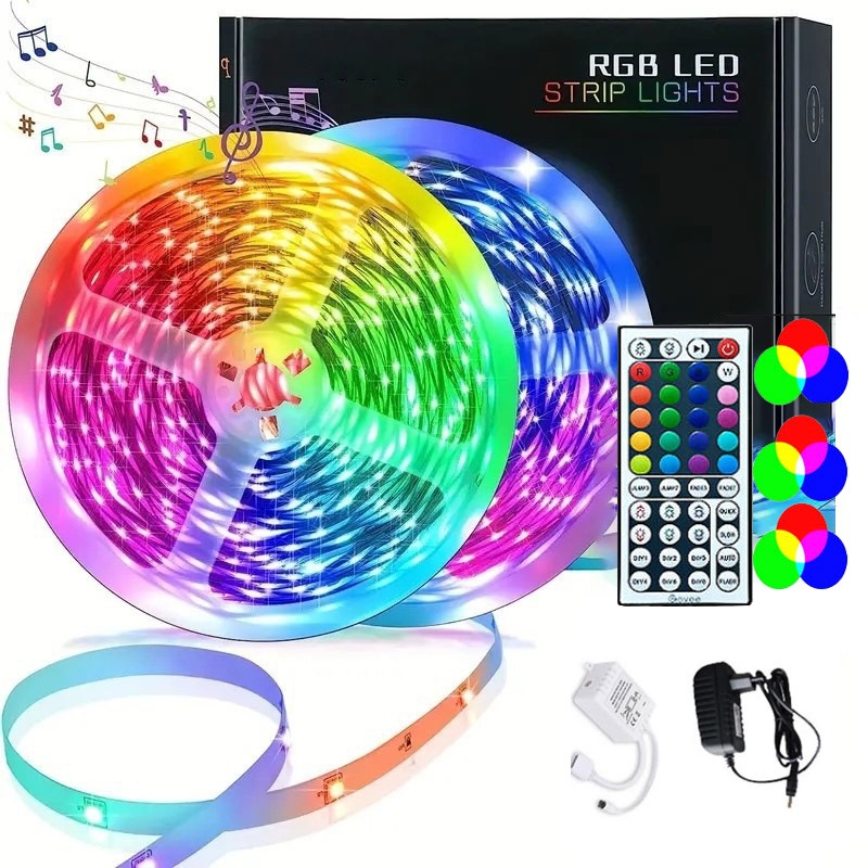Fita LED 5050 RGB 5m/10m/15m Kit Completo c/ 44 Key IR Controle e Fonte Para Quarto TV Sala Com luz Branca