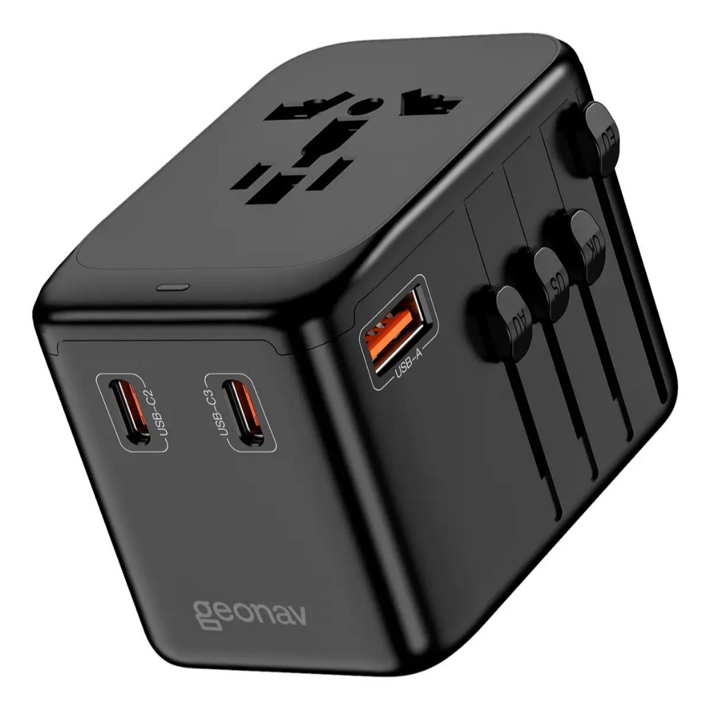 Carregador Universal Geonav 65W com 3 USB-C + 1 USB-A Adaptador de Viagem Internacional Mundial