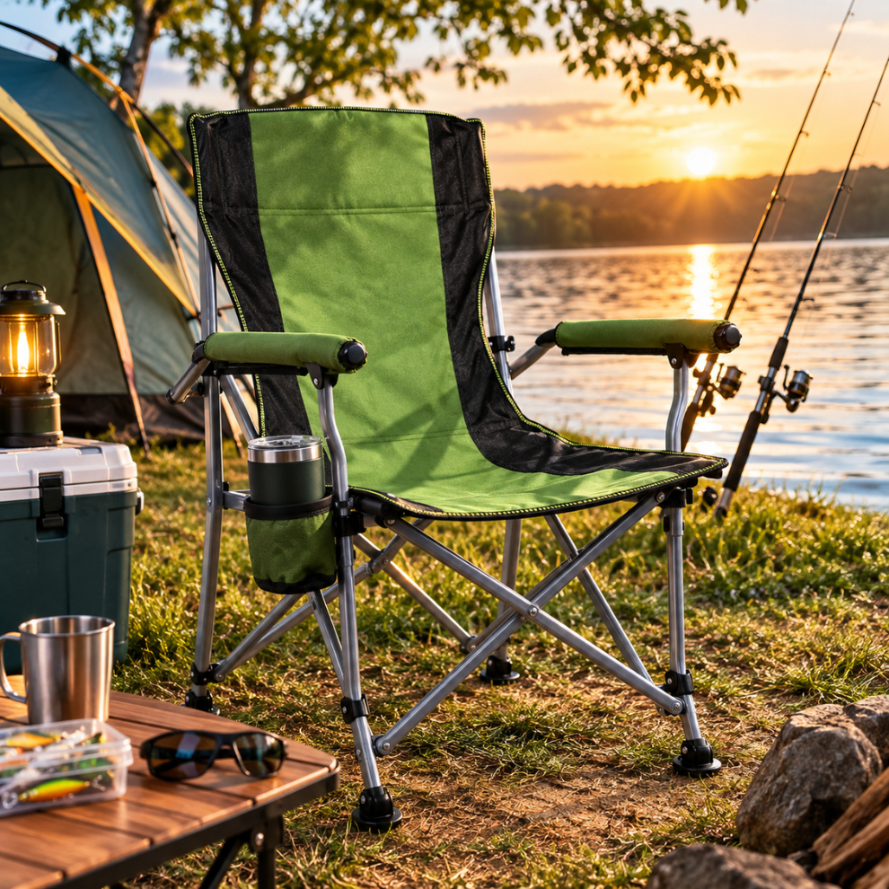 Cadeira Camping Dobrável Reforçada Luxo 200kg Portátil Porta Copos Bolsa Pesca Praia Verde Ômega