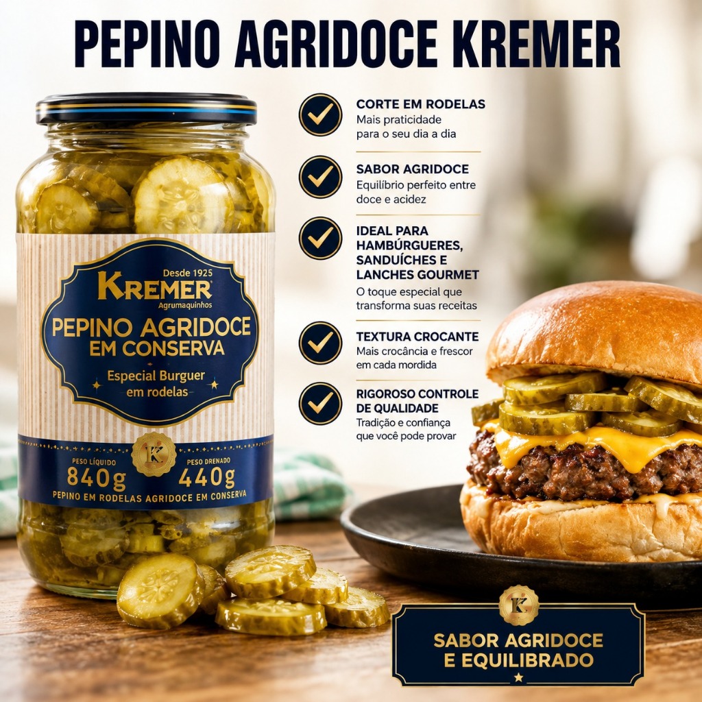 Picles Conserva Kremer 840g Pepino Agridoce Hambúrguer Rodela Gourmet Churrasco Pizzaria Lanches — imagem 2 de 2