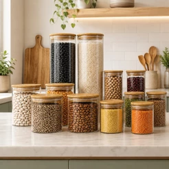 Kit 12 Unidades Potes Herméticos Vários tamanhos de Vidro Tampa Bambu Vedação Silicone Mantimentos Cozinha Completo