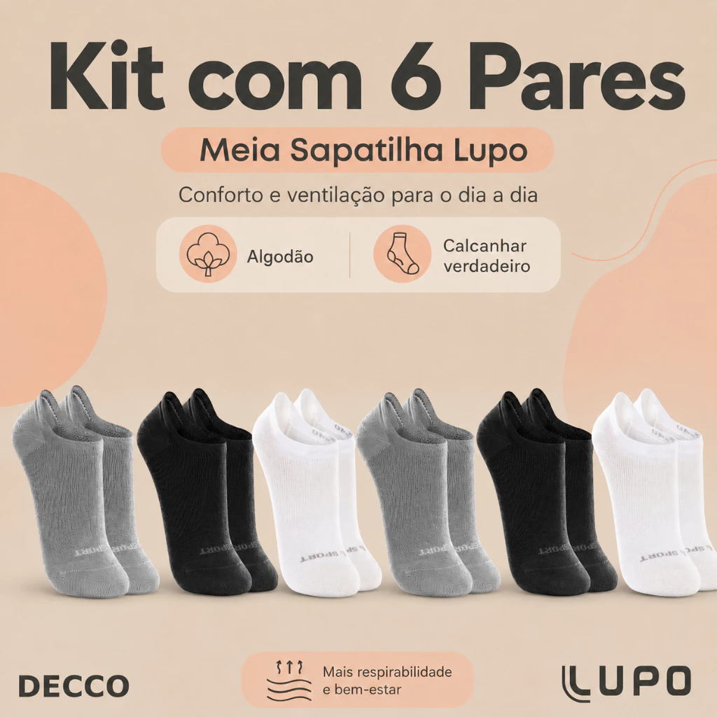 Kit De 6 Pares Meias Cano Invisível Lupo Sport Algodão Soquete Sapatilha Unissex — imagem 1