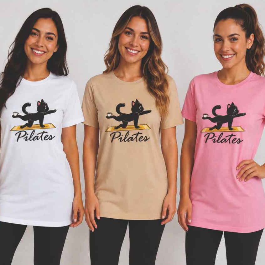 Camiseta Feminina Pilates Gatinho | Blusa Fitness Academia Treino | Camiseta para Pilates | Presente Feminino