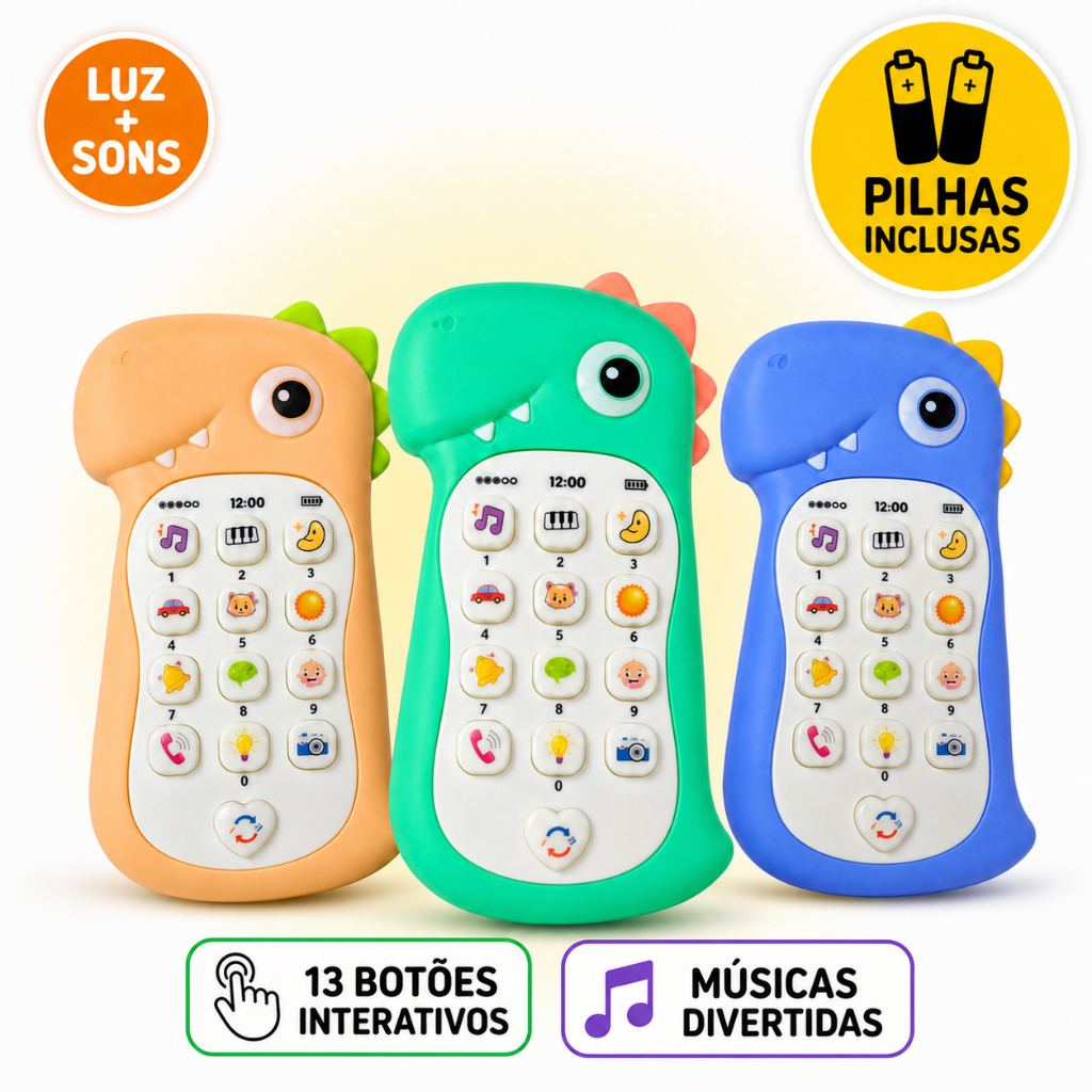 Celular Infantil Dinossauro Telefone Musical Interativo Luz Som Pilhas Mordedor Sensorial Educativo Bebê
