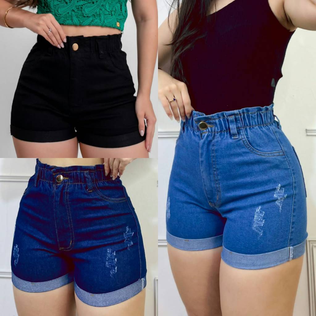 kit 3 Short Jeans com elástico na cintura feminino, com lycra (estica)