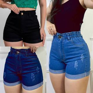 kit 3 Short Jeans com elástico na cintura feminino, com lycra (estica)
