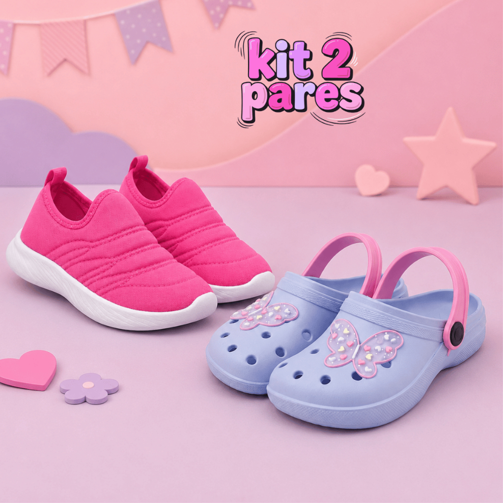 Kit Tênis Calce Fácil Infantil Feminino + Sandália Babuche Menina Leve