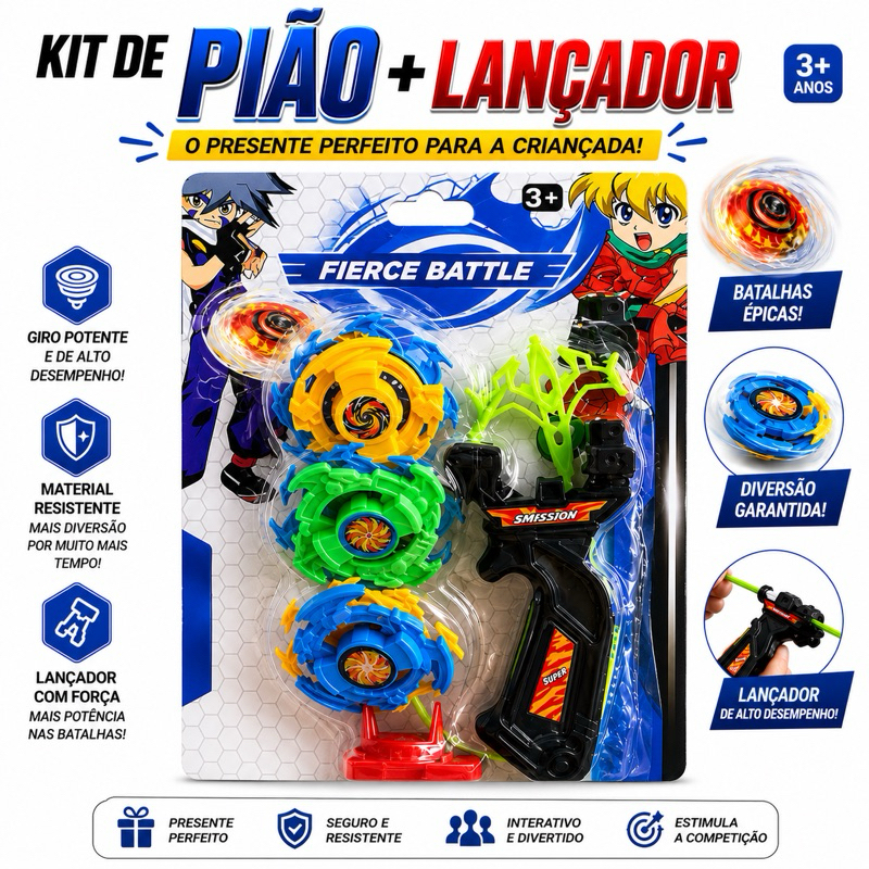 KIT PIÃO DE BATALHA 3 UNIDADES COM LANÇADOR BRINQUEDO DE AÇÃO INFANTIL COMPETIÇÃO PRESENTE  PARA CRIANÇA +3 ANOS