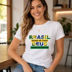 Camiseta Feminina Brasil Deus Fé Patriótica Estampada 100% Algodão Manga Curta Casual Nacional Confortável Moderna Top