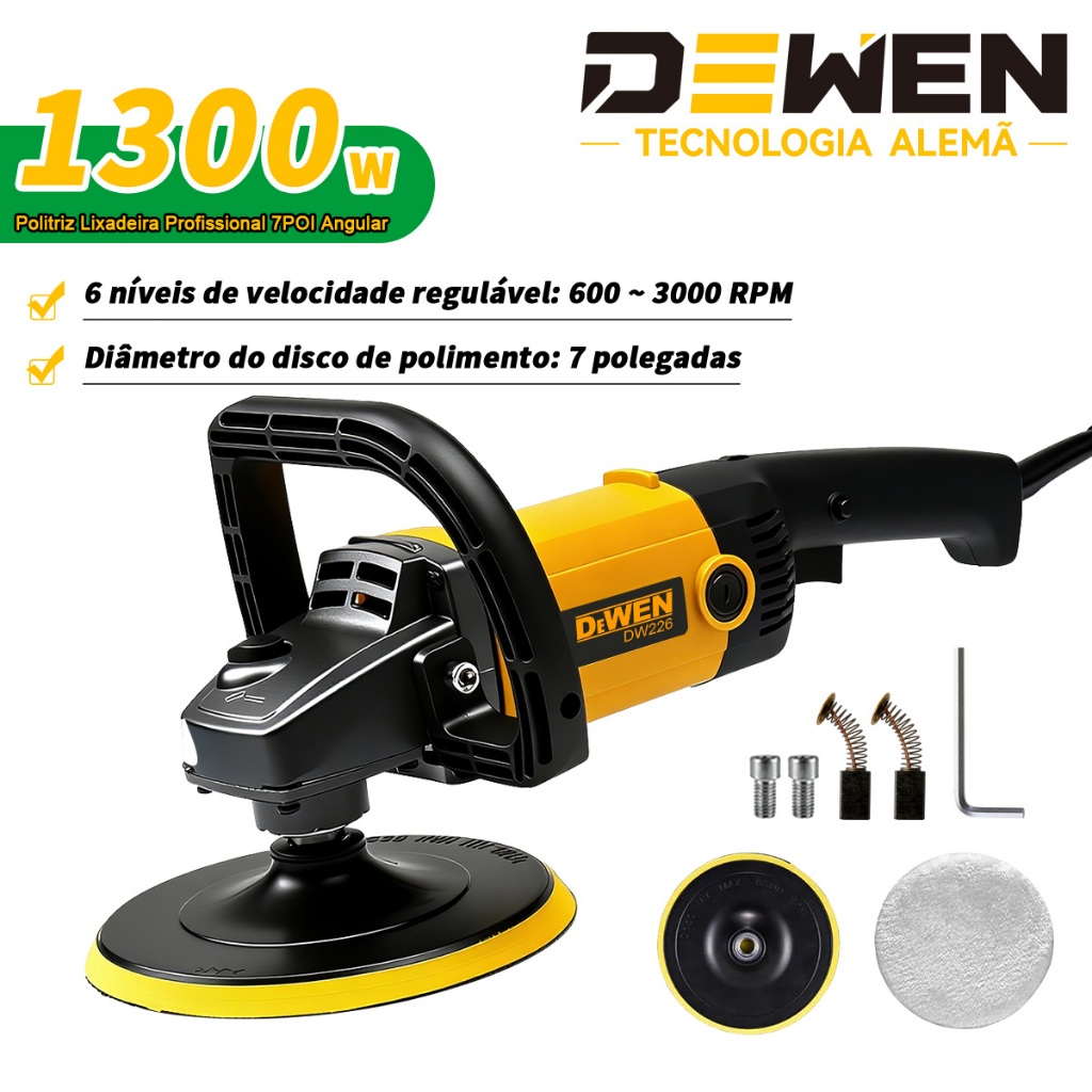Politriz Lixadeira DEWEN Profissional 7POI Angular Elétrica 1300w 6 Velocidades 600-3000 RPM para Polir e Lixar Carro