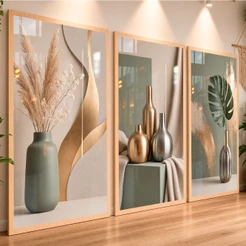 Quadros Decorativos Trio para Sala Hall Vaso Escultural Geométrico Verde Dourado