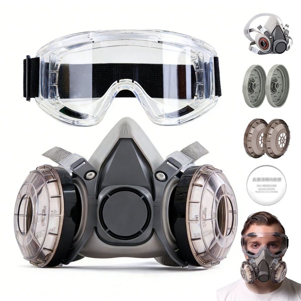 Kit 7 peças de máscara antipoeira de duplo filtro + Óculos de segurança antipoeira + 20 filtros circulares antipoeira