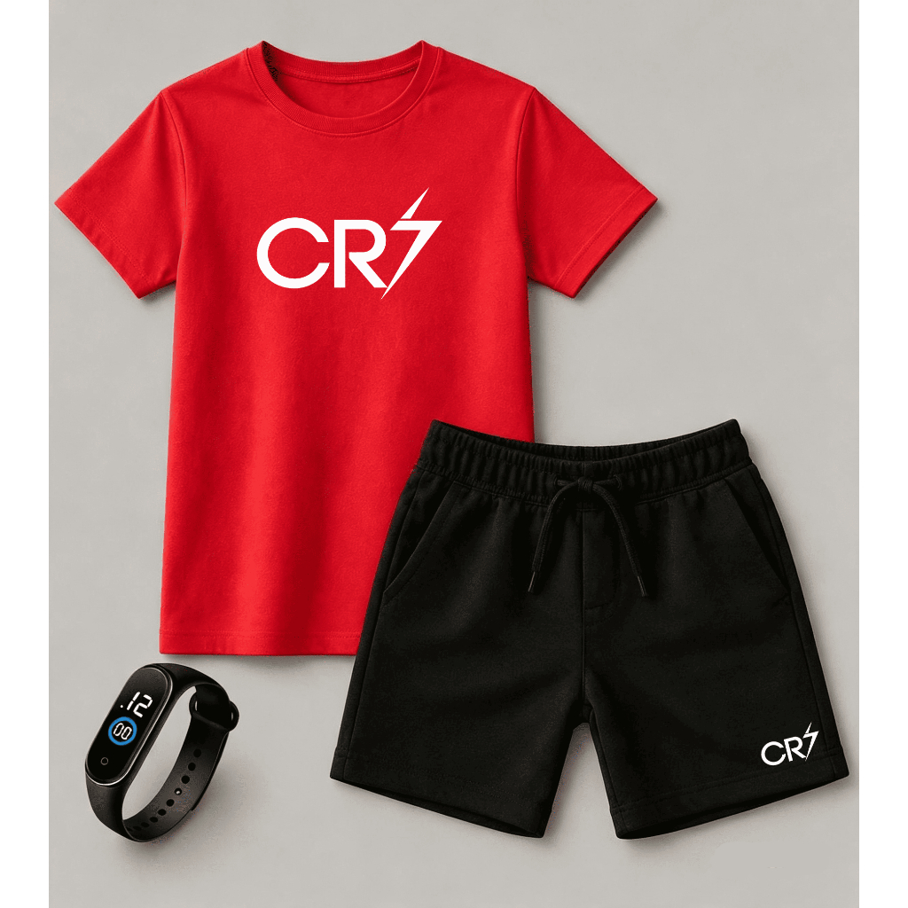 Conjunto Infantil Camiseta e Bermuda Moletinho + Brinde Relógio Digital Jogador Futebol CR7