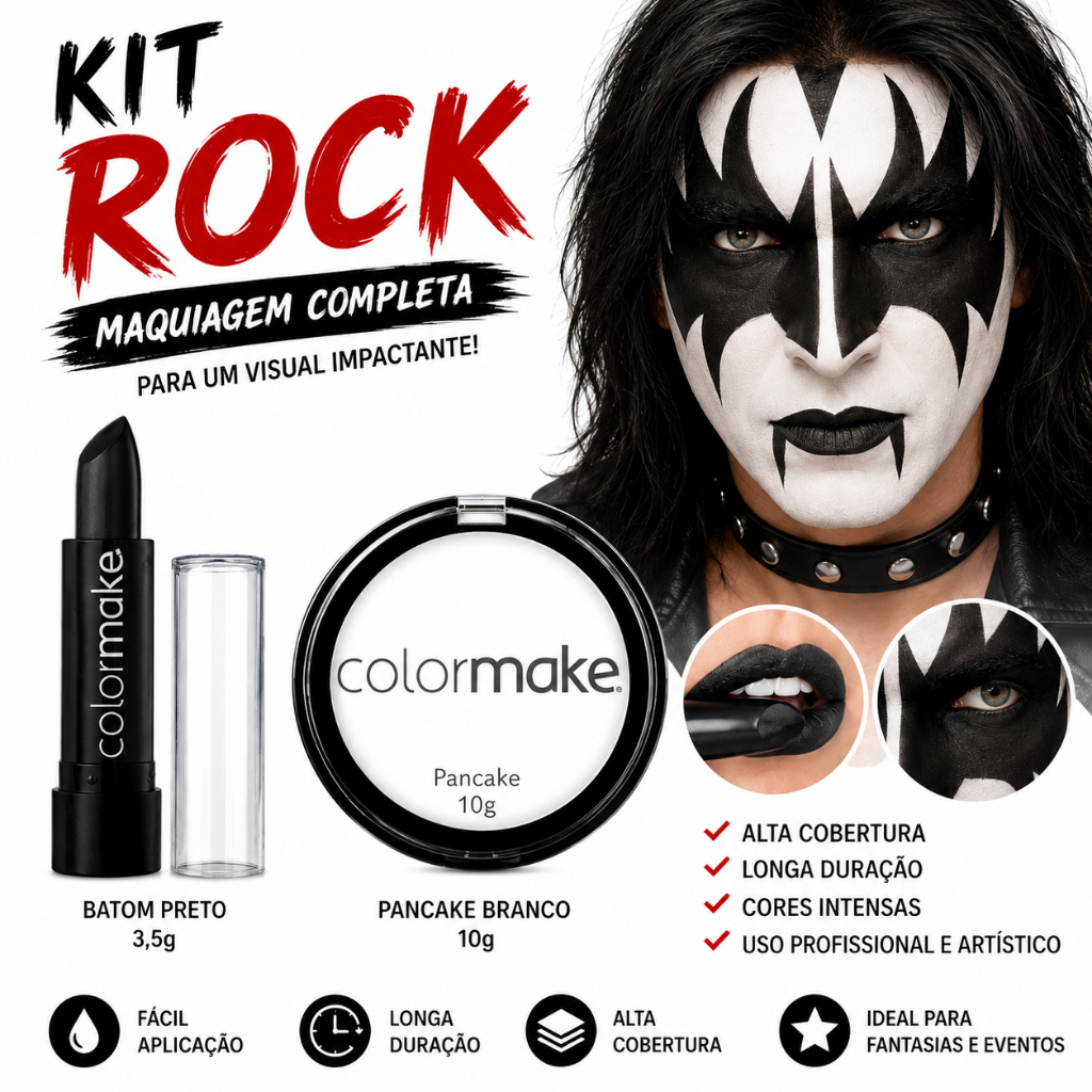 Pancake Branco e Batom Preto Colormake – maquiagem artística para Halloween, fantasia e festas.