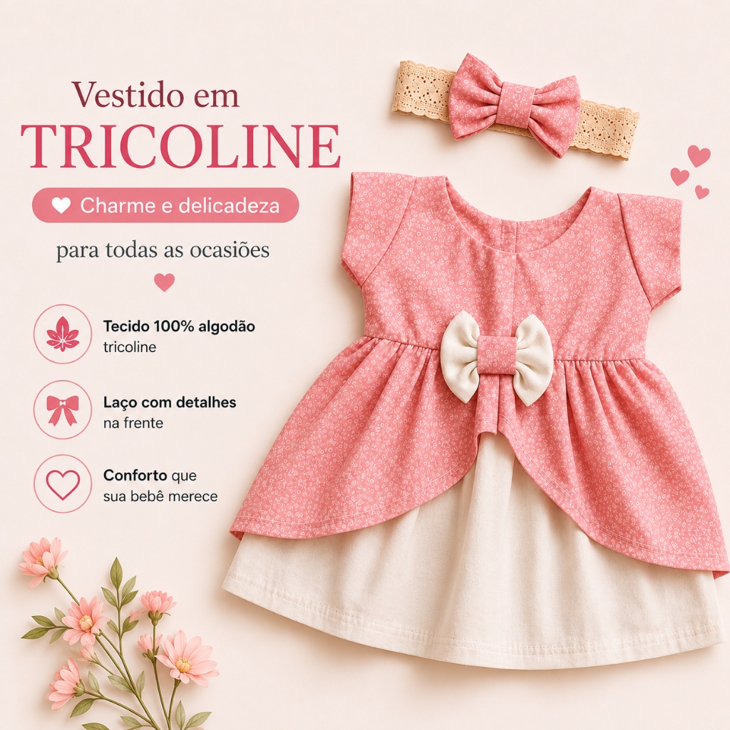 Vestido infantil Menina com Faixa de Cabelo e Laço Infantil Estampado Delicado Festa Passeio