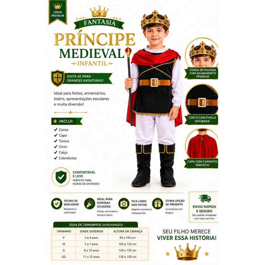 Fantasia Príncipe Medieval Infantil Transforme a brincadeira em uma verdadeira aventura! 🏰👑