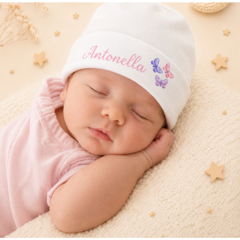 Touca e luvas de bebe rn personalizado com nome e desenho SUBLIMADO a sua escolha para maternidade menino e menina