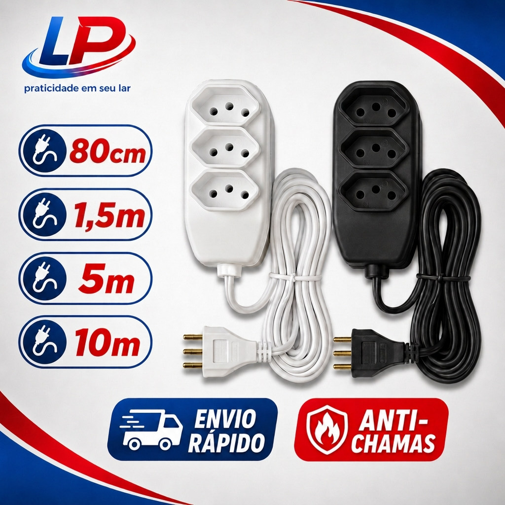 Extensão Elétrica 3 Tomadas Bivolt 10A Cabo PP Fio Reforçado Tripolar - Conexão com Segurança, Lider Plus