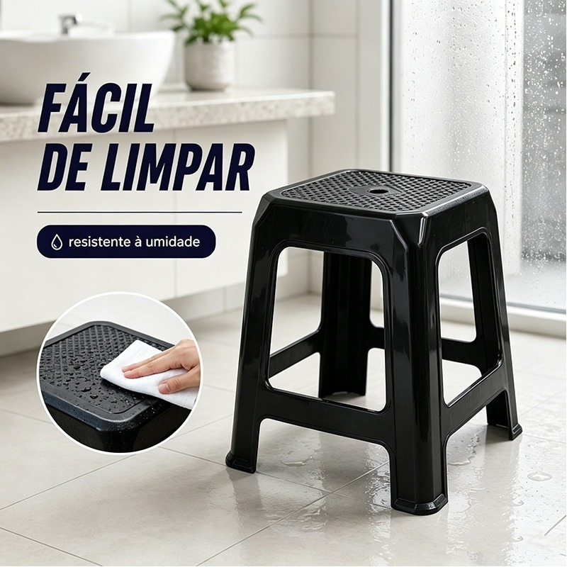 Banco Plástico Reforçado Preto Suporta 120kg Ideal para Cozinha Bar Área Gourmet e Uso Residencial Resistente e Prático