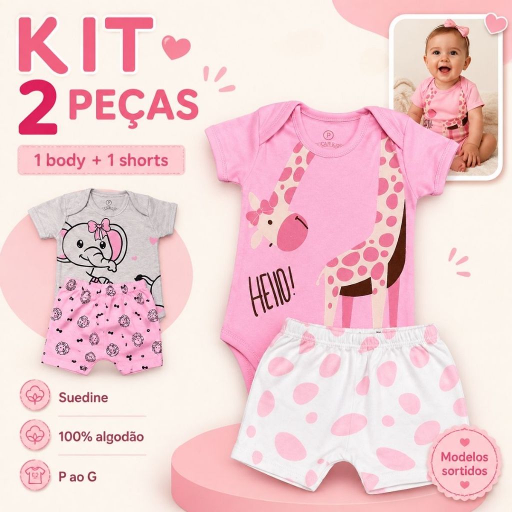 Kit 2 Peças Conjunto Menina 1 Body + 1 Shorts Malha Suedine Estampado Bebe Manga Curta Algodão