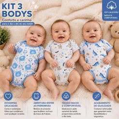 Kit 3 Body Manga Curta Bebê Menino Estampado