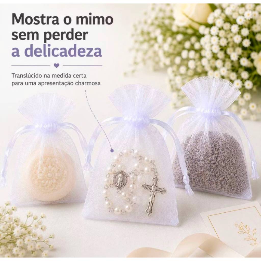 Kit 5/10/25/50/100 Saquinho Organza Tule Branca Lembrancinhas Casamento Joias Bijuterias Presentes 7x9 9x12 10x15