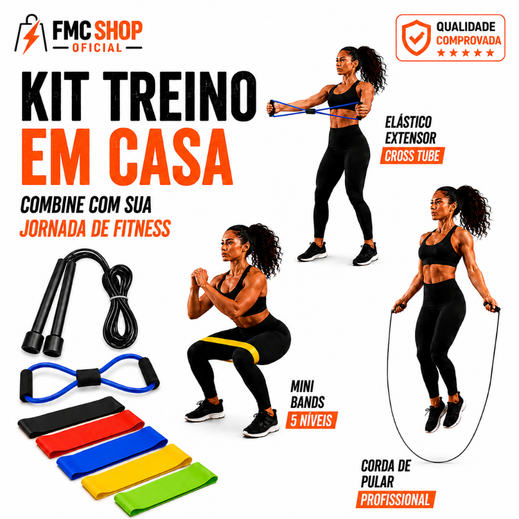 Kit Treine Em Casa Completo Elástico Extensor Cross + Corda de Pular + Kit com 5 Faixa Mini Band