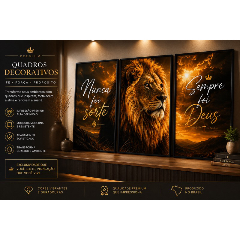 Quadros Decorativos Leão De Judá Religioso Kit 3 Peças Decoração Sala Quarto Escritório Decoração